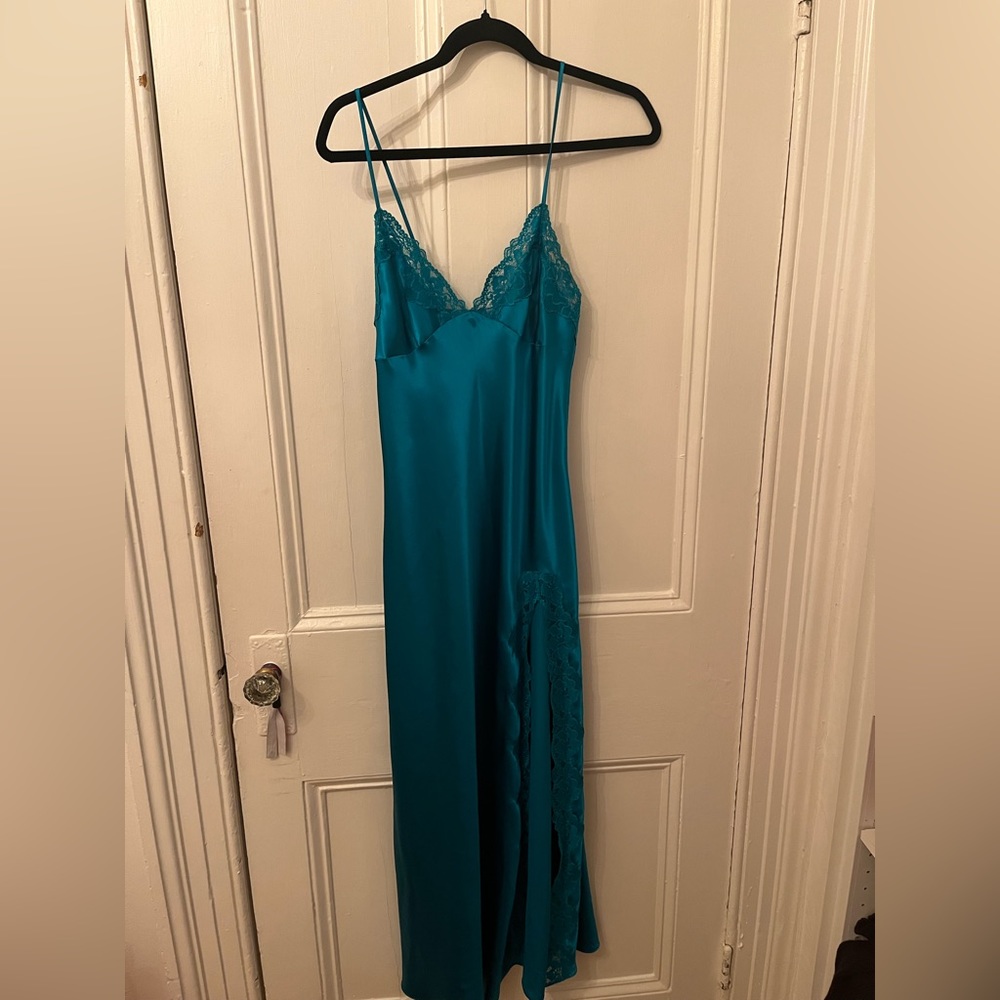 LA SENZA vintage long blue slip dress with high leg slit